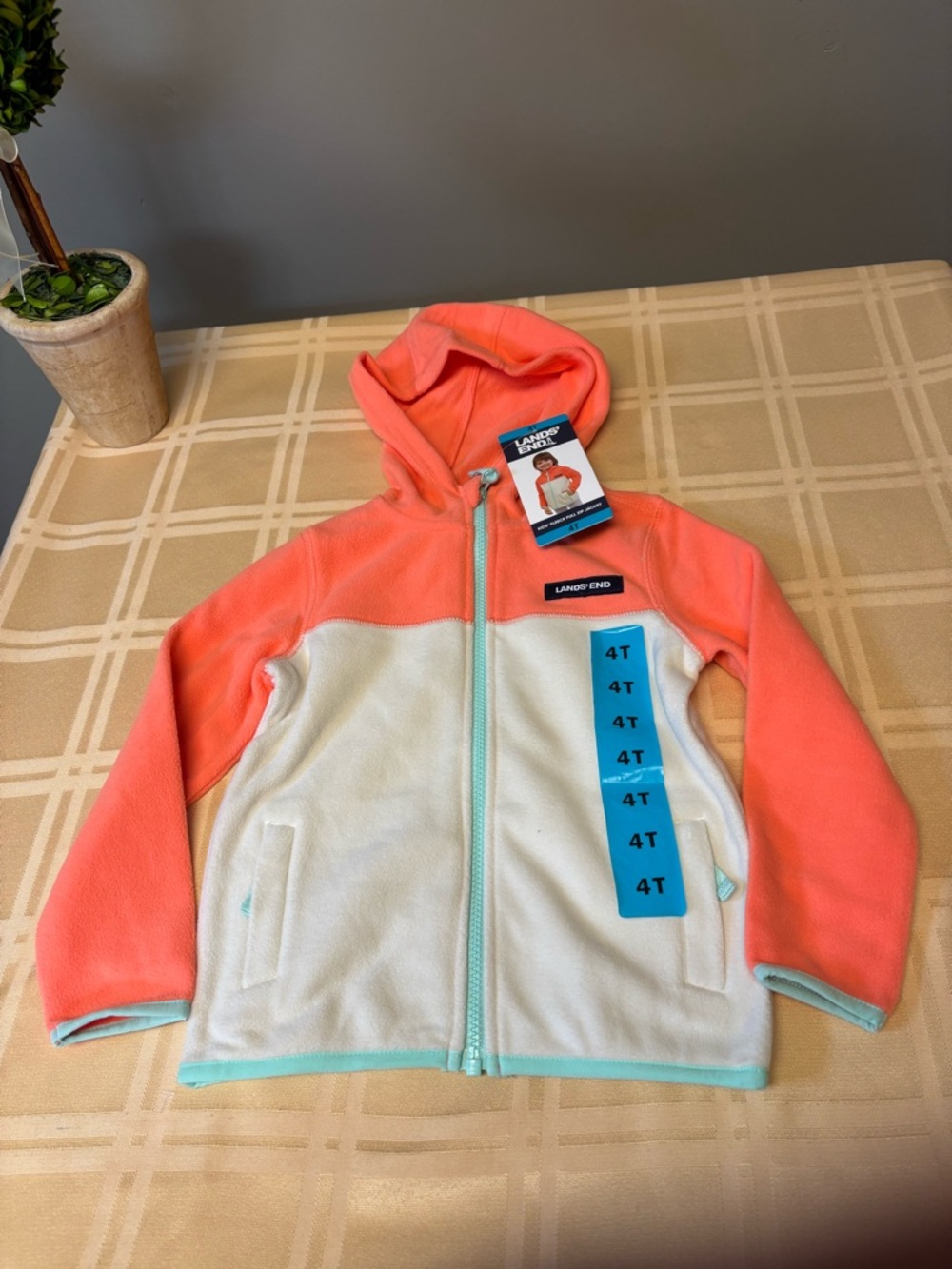 Lands' End Coral and White Hooded Fleece Jacket with Mint Trim - 4T